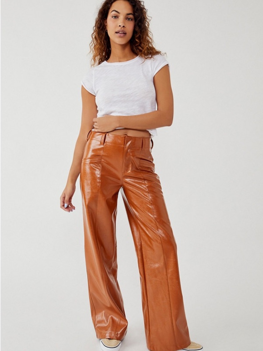Free People High-Rise Wide Leg Vegan Leather Pants in Cognac Brown sz8